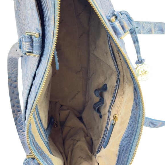Brahmin Embossed Crocodile Blue Leather Women's Shoulder Bag With Gold Accents - Picture 8 of 12